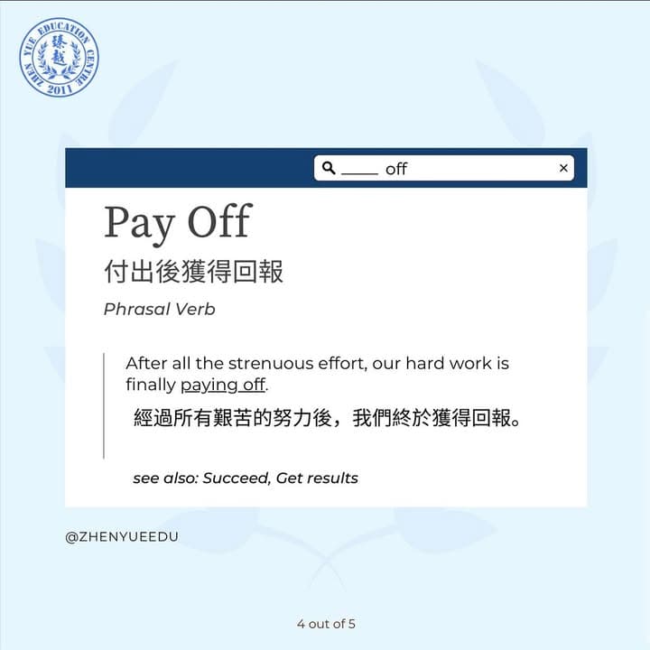 片語動詞例句卡:Pay Off(付出後獲得回報),Phrasal Verb。例句 After all the strenuous effort, our hard work is finally paying off.(經過所有艱苦的努力後,我們終於獲得回報。)see also: Succeed, Get results。